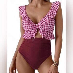 EoMenie OnePiece Swimsuit Sz S Gingham Tie-Front Ruffle Two-Piece Beach Wear